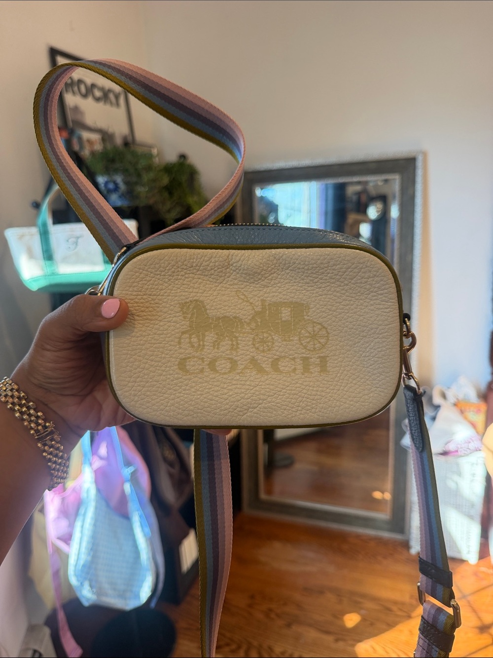 Coach Cream Pebbled Crossbody with Olive Trim and Striped Strap